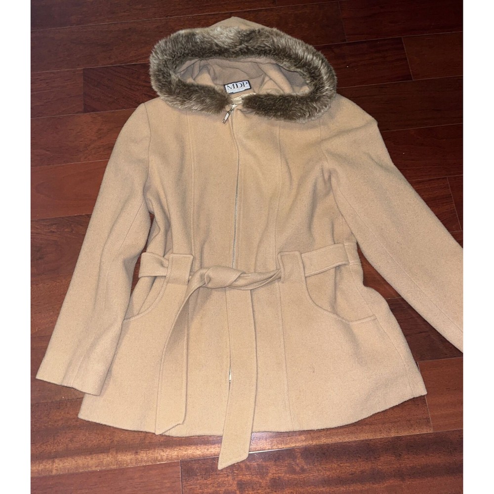 Mario De Pinto MDP Women’s Hooded Wool Coat Tan EUC Belted Vtg M/L size